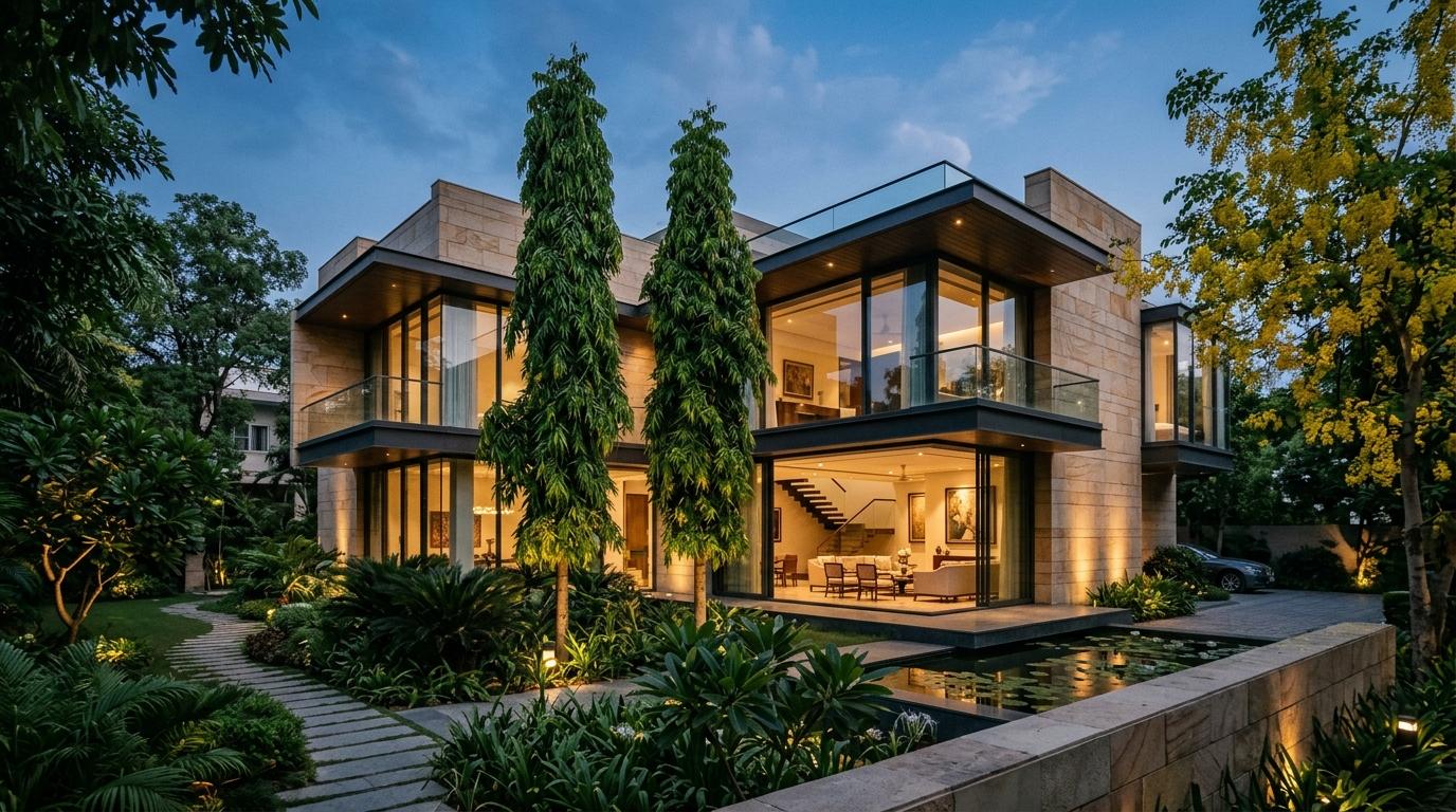 Sprawling prestigious private bungalow estate at twilight with stone architecture, reflection pool and pristine gardens