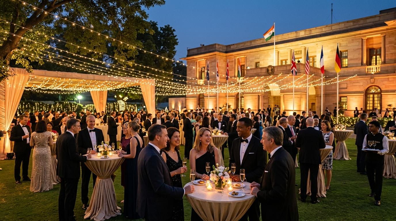 Prestigious diplomatic National Day reception on the manicured lawn of a Chanakyapuri High Commission with diplomats