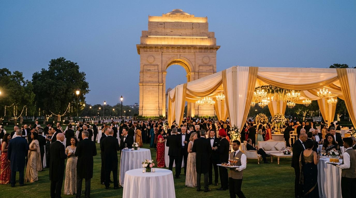 Grand evening cultural gala marquee pavilion in front of illuminated golden India Gate monument with dignitaries