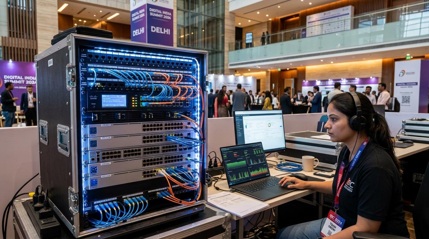 Bakcom on-site temporary event network operations rack and live telemetry station in Delhi