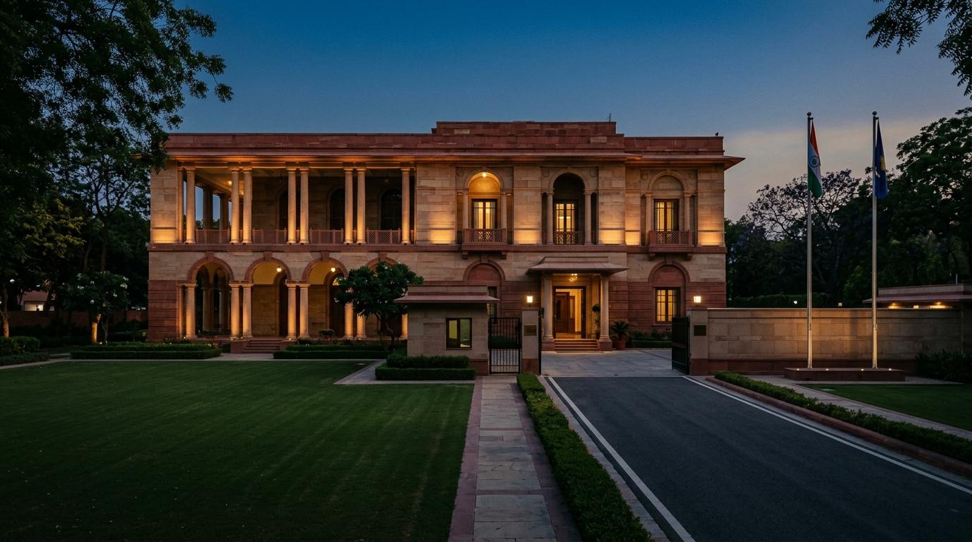 Prestigious High Commission and Embassy diplomatic mission estate in Chanakyapuri South Delhi with flags and sandstone architecture