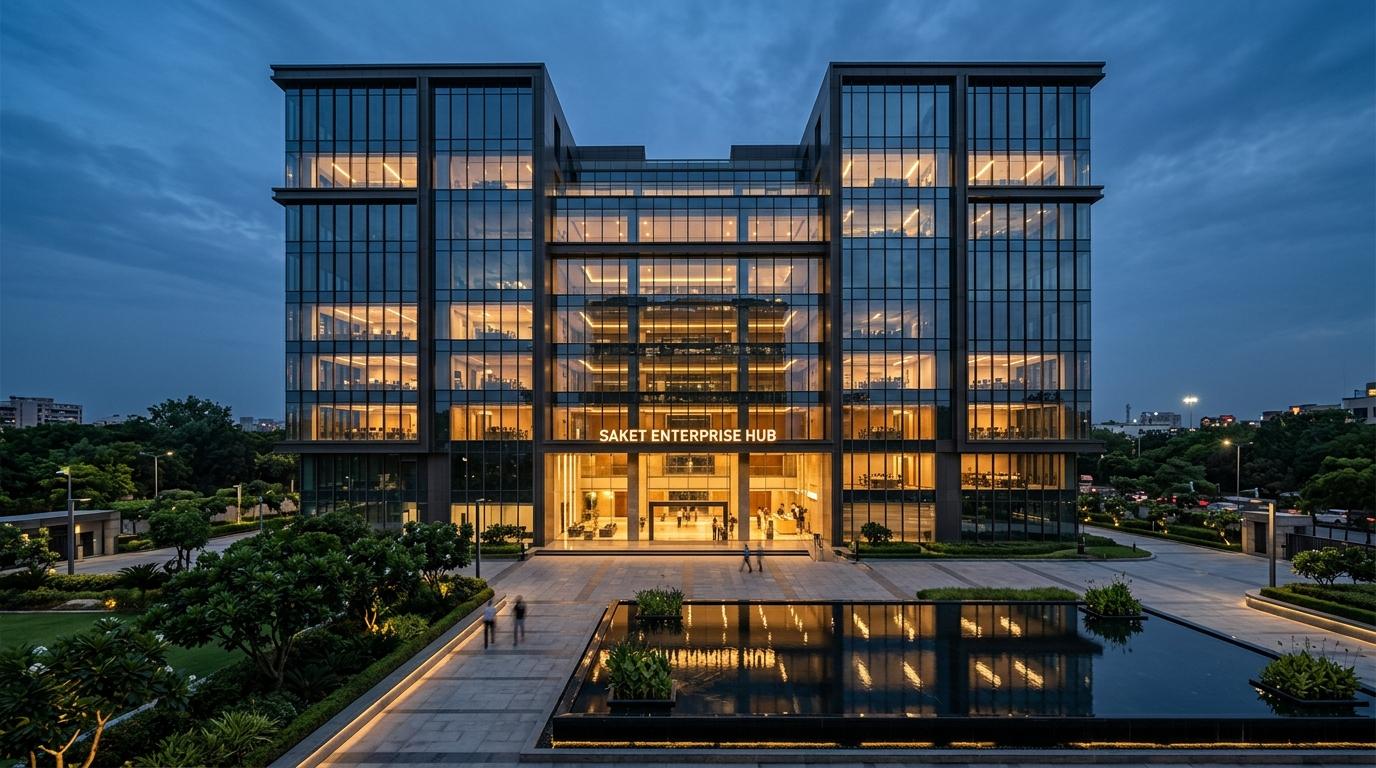 Modern illuminated corporate enterprise headquarters at Saket District Centre South Delhi with reflection pool
