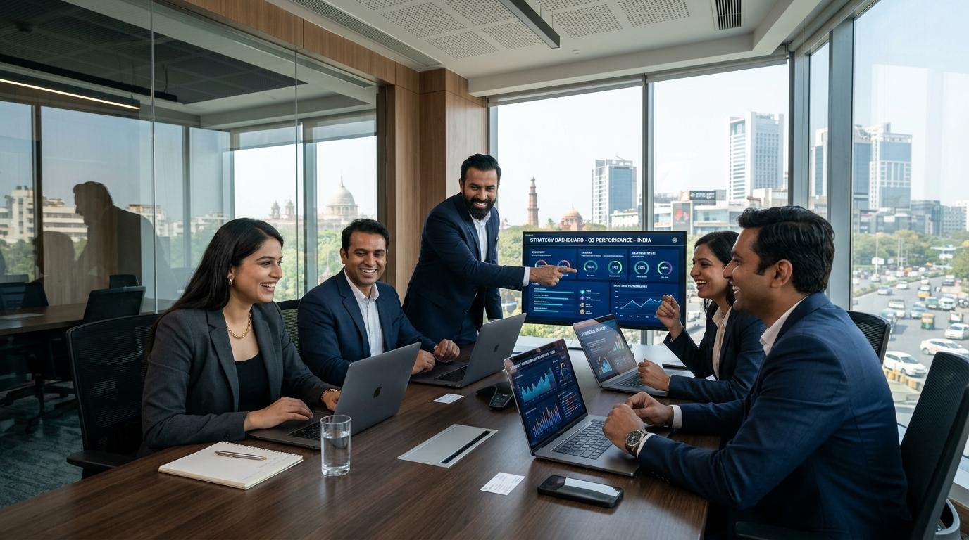 Happy Indian executive leadership team collaborating in a luxury Saket glass boardroom