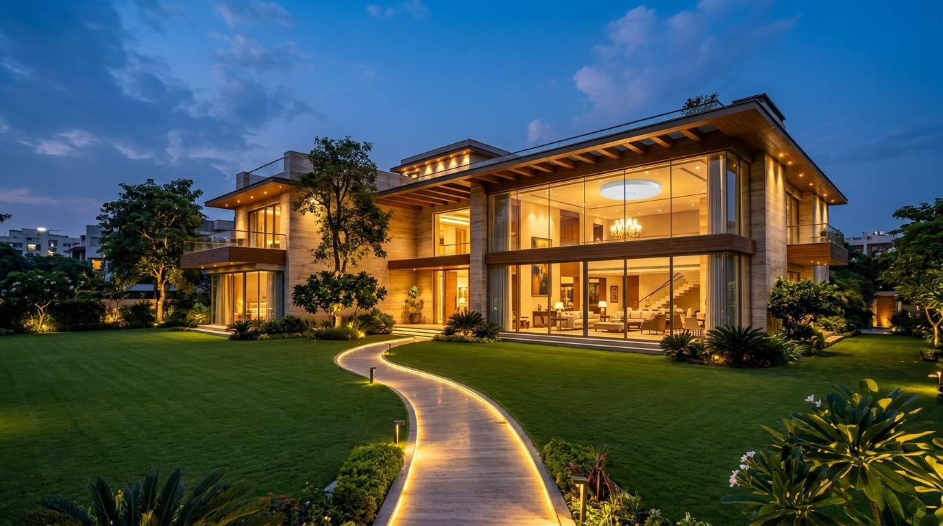 Sprawling South Delhi luxury bungalow mansion illuminated at dusk with manicured lawn and discrete ceiling Wi-Fi