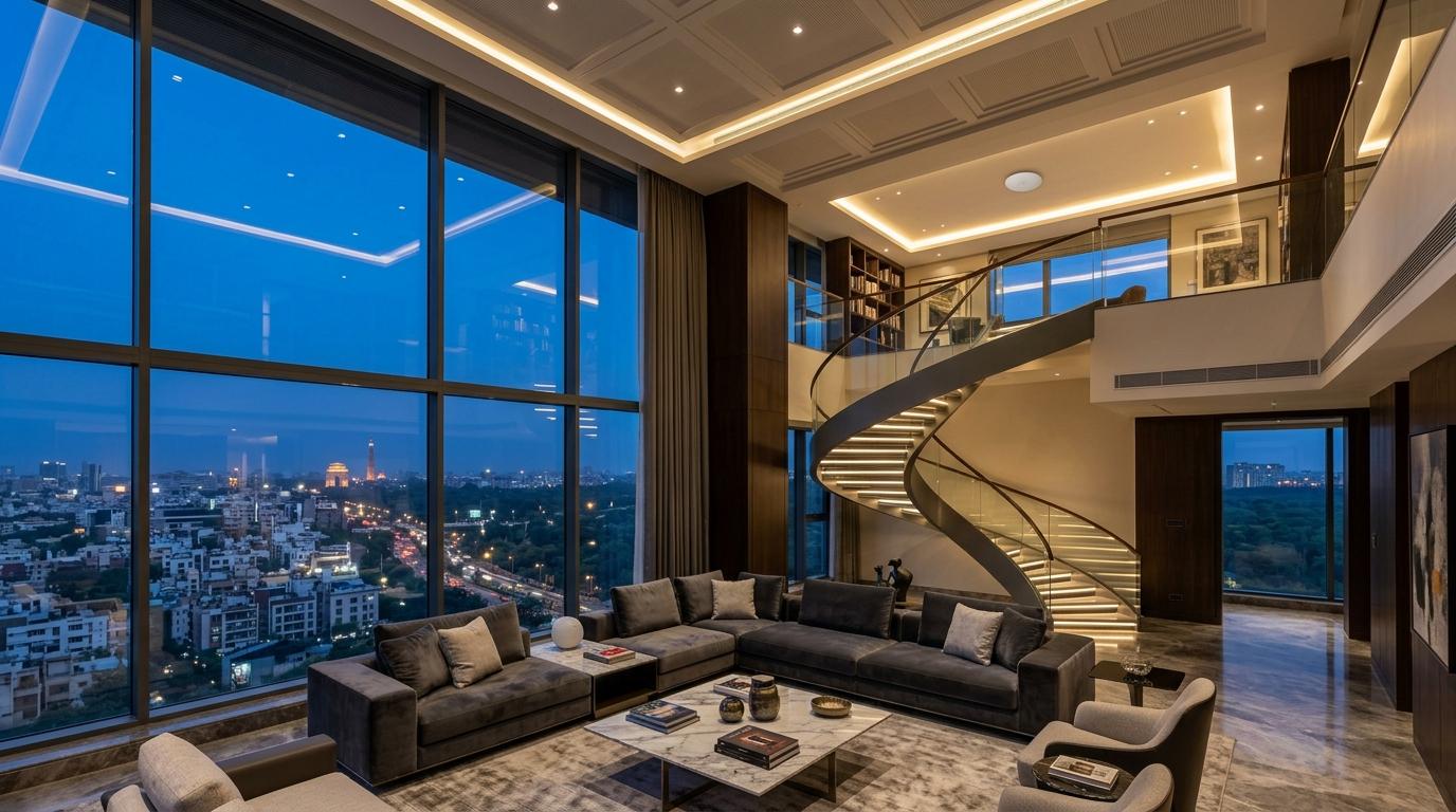 Luxury South Delhi double-height duplex penthouse living room with spiral staircase and seamless Wi-Fi