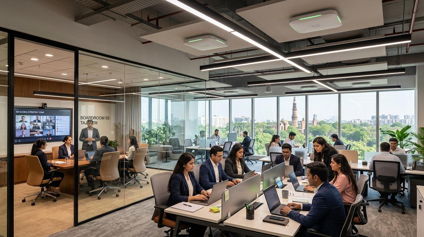Modern South Delhi corporate enterprise office headquarters with glass boardrooms and high-density commercial Wi-Fi