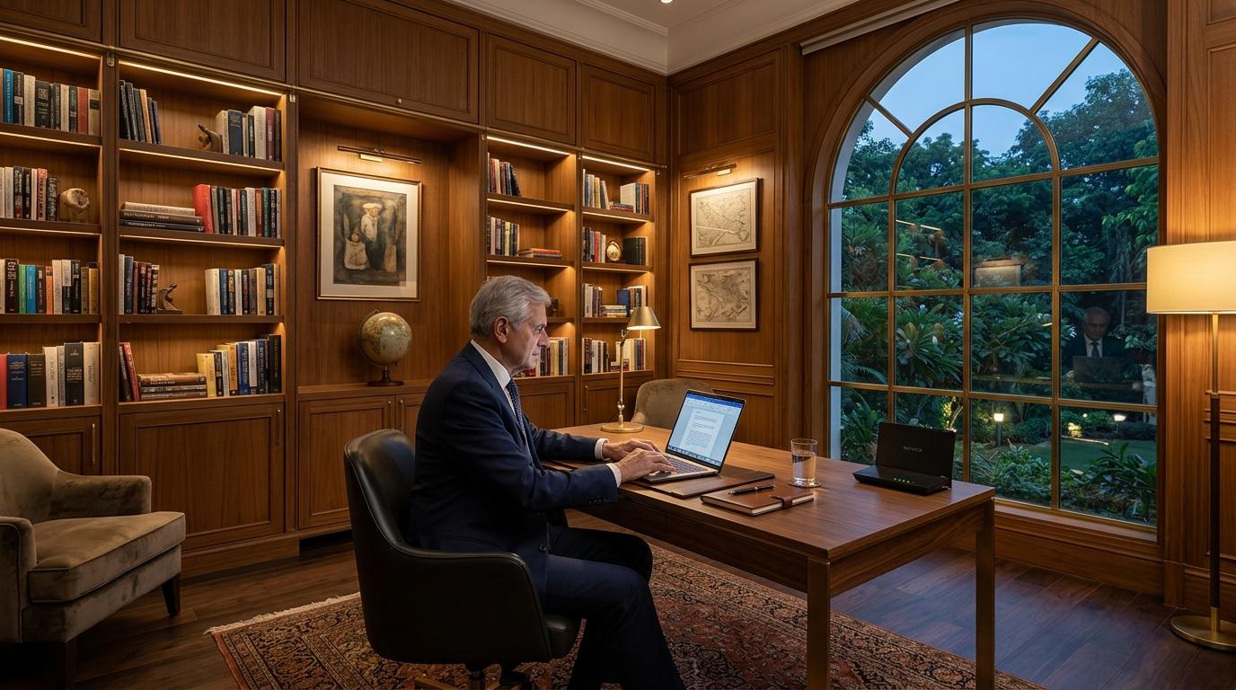 Distinguished senior diplomat working in a private Chanakyapuri residence library with dedicated fiber