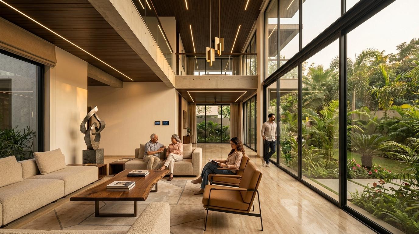 Expansive double-height luxury South Delhi bungalow interior with family enjoying high-speed fiber